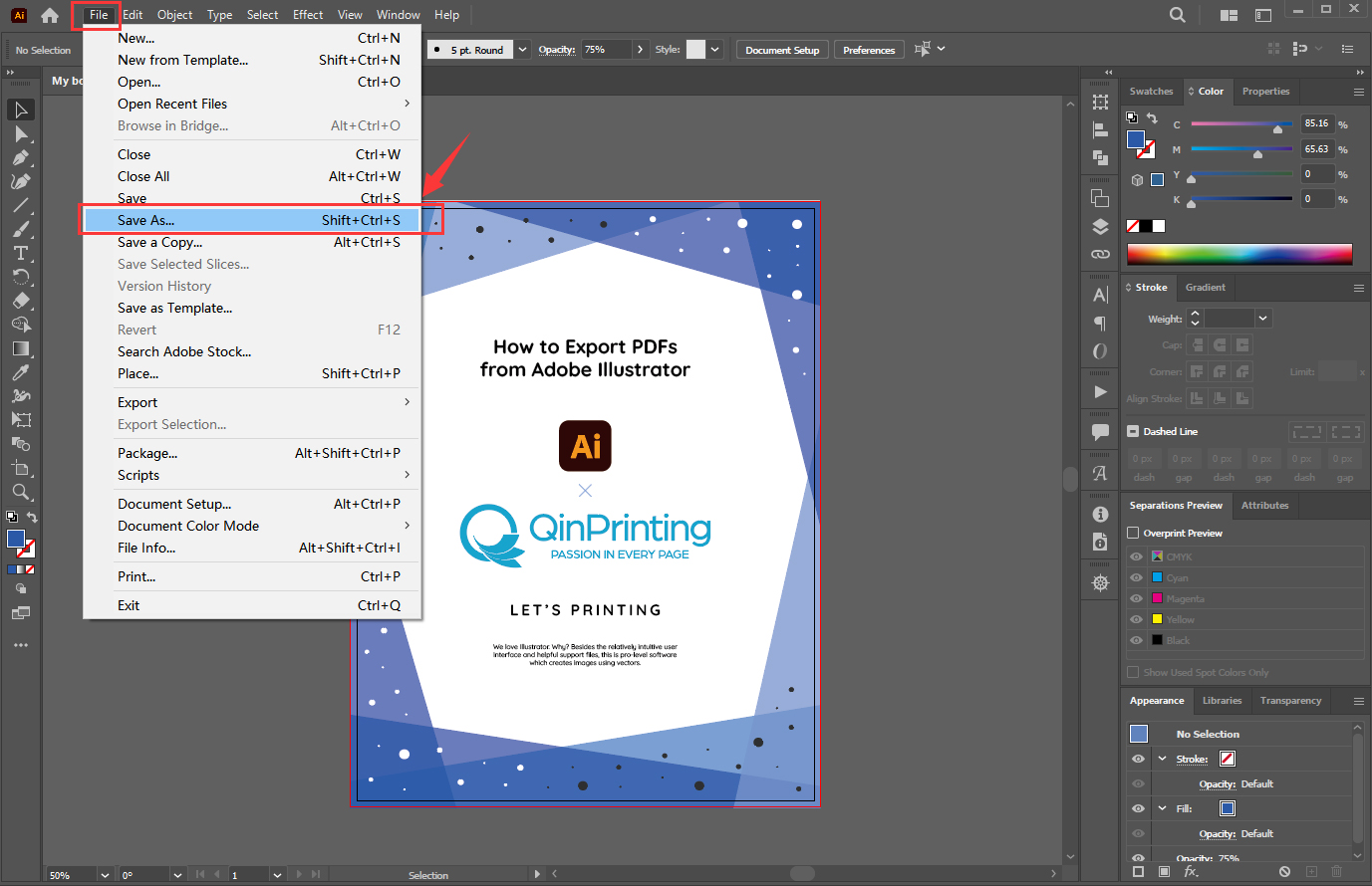 How to Export PDFs from Adobe Illustrator step 1