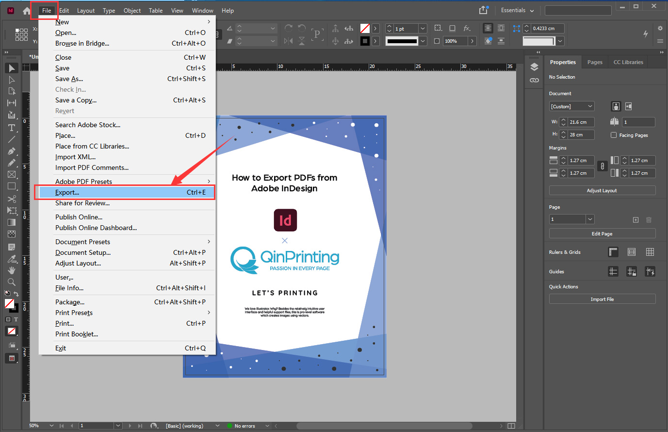 How to Export PDFs from Adobe InDesign Step 1