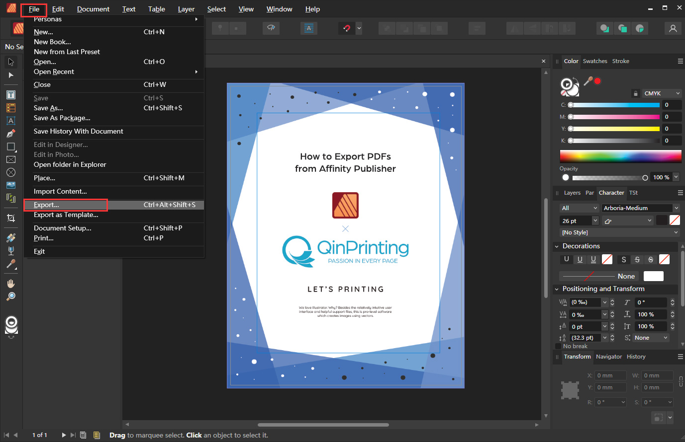 How to Export PDFs from Affinity Publisher Step 1