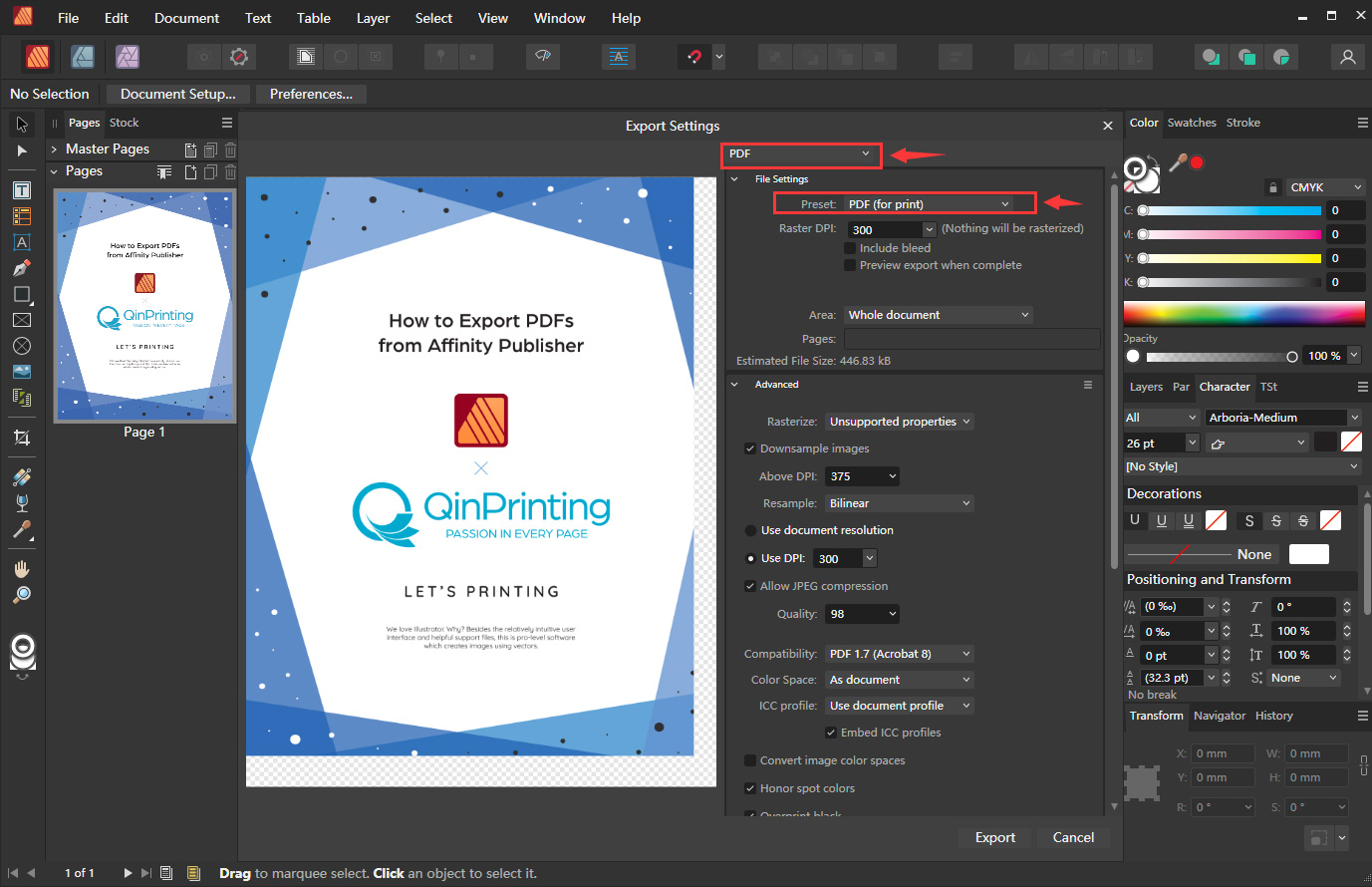 How to Export PDFs from Affinity Publisher Step 2