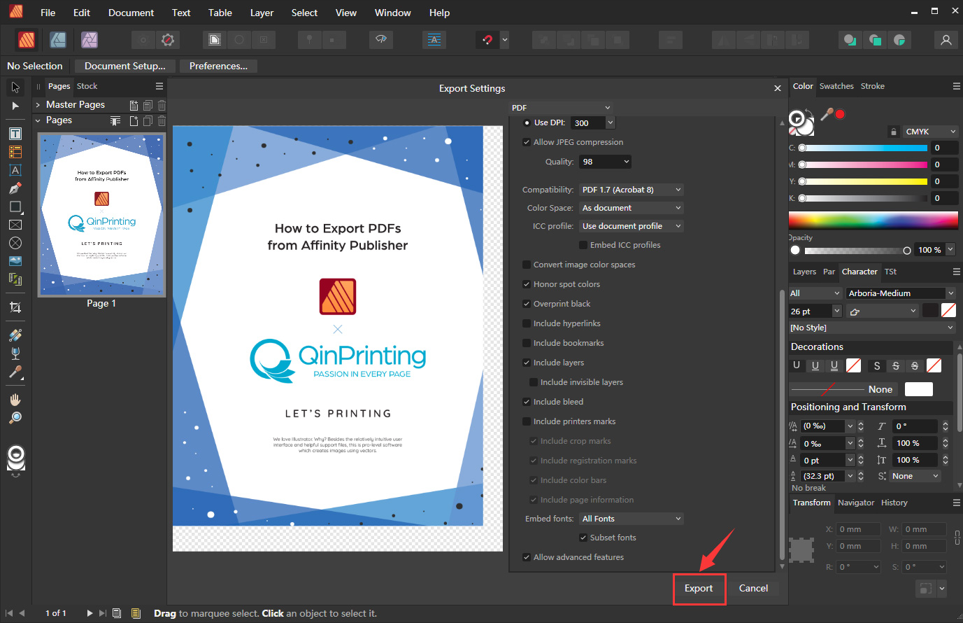 How to Export PDFs from Affinity Publisher Step 4