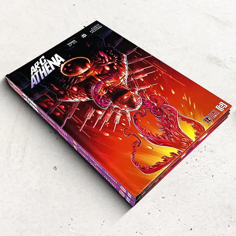 High-quality hardcover comic books printed and stacked together