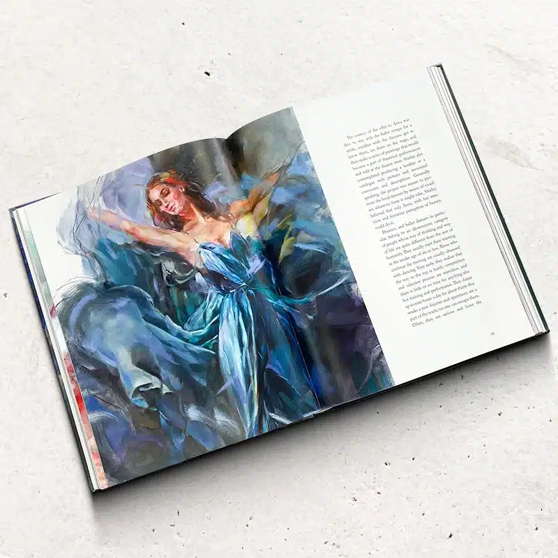 Open hardcover oil painting-style art book