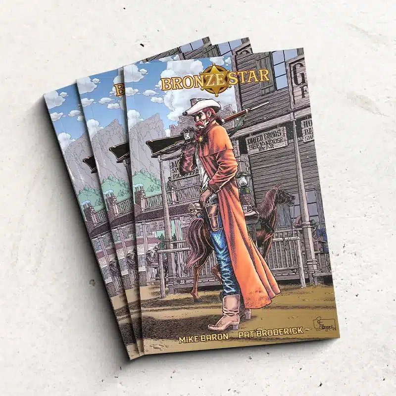 Pile of closed custom softcover comics with colorful artwork