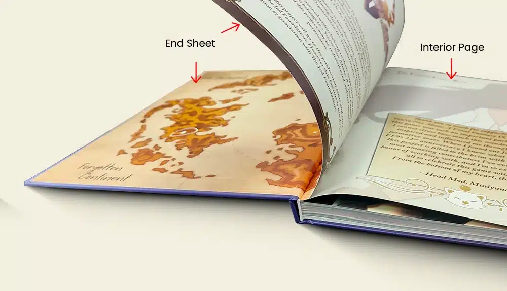 End sheet glued to hardcover interior