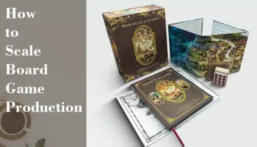 Offset-printed board game components including cards, tokens, game board, and rule book laid out for assembly