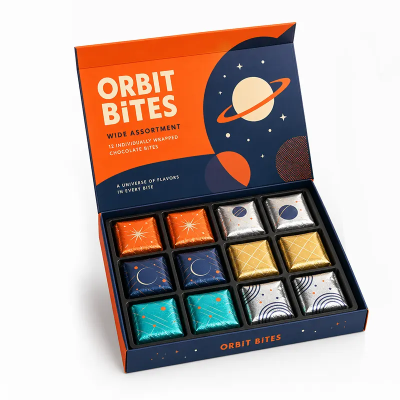 Custom chocolate assortment box for multiple flavors and wrapped selections