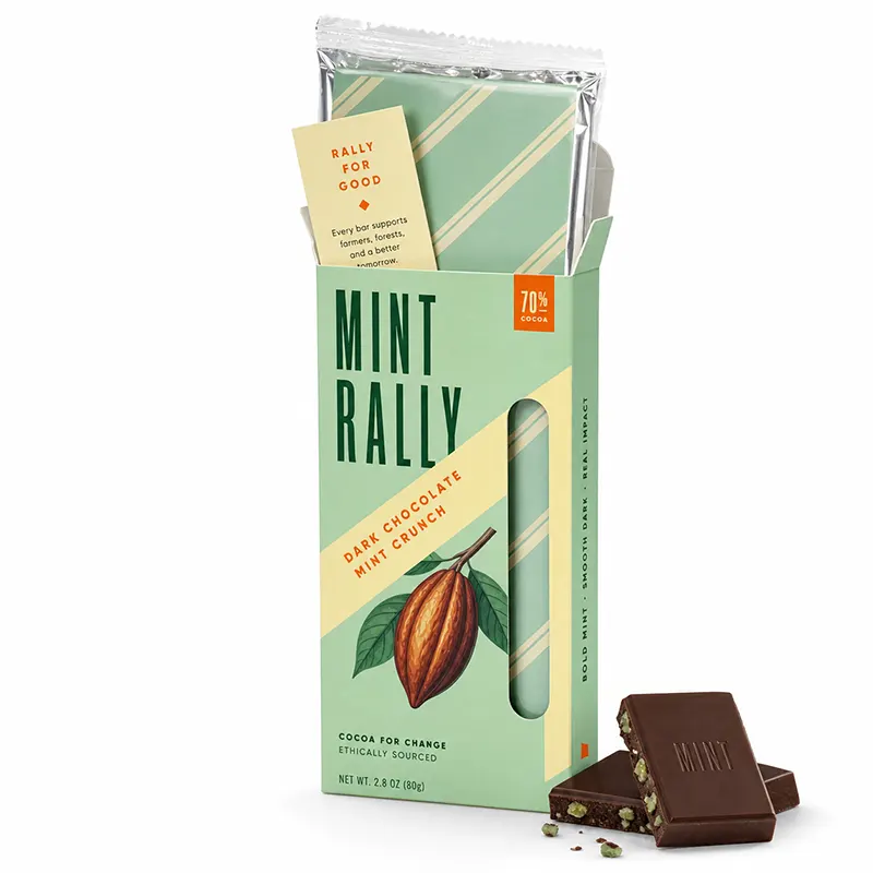 Custom chocolate bar carton for wrapped bars, inner pouches, or flow-wrapped products